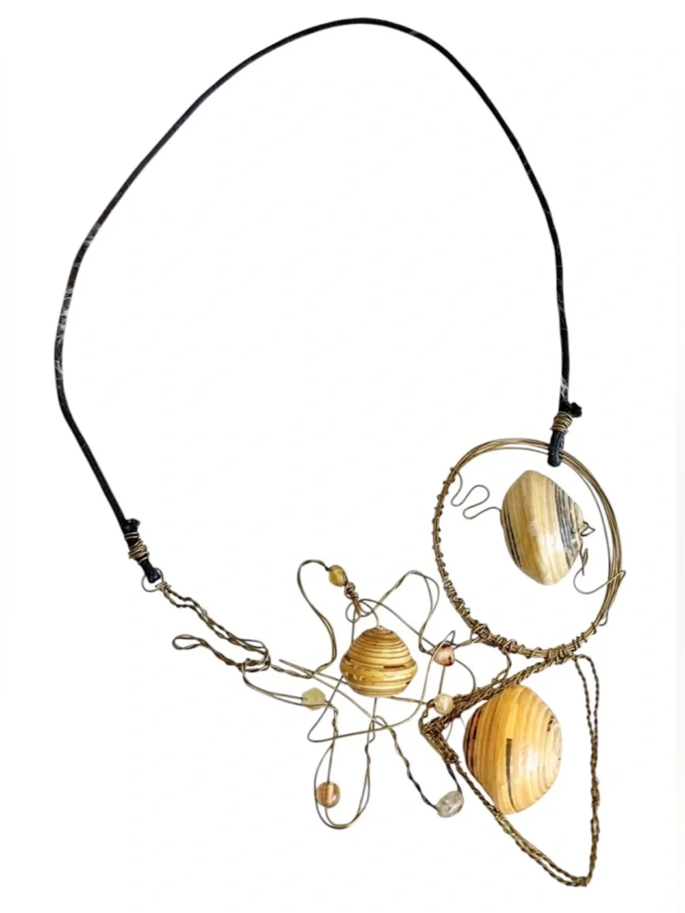 Artisan Handcrafted Necklace Brass Wire Yellow Bead Boho Artsy Statement